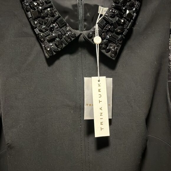 TRINA TURK (NWT) Marta Embellished Collar Crepe Black Mini Shift Dress, Size 6 - Picture 6 of 15